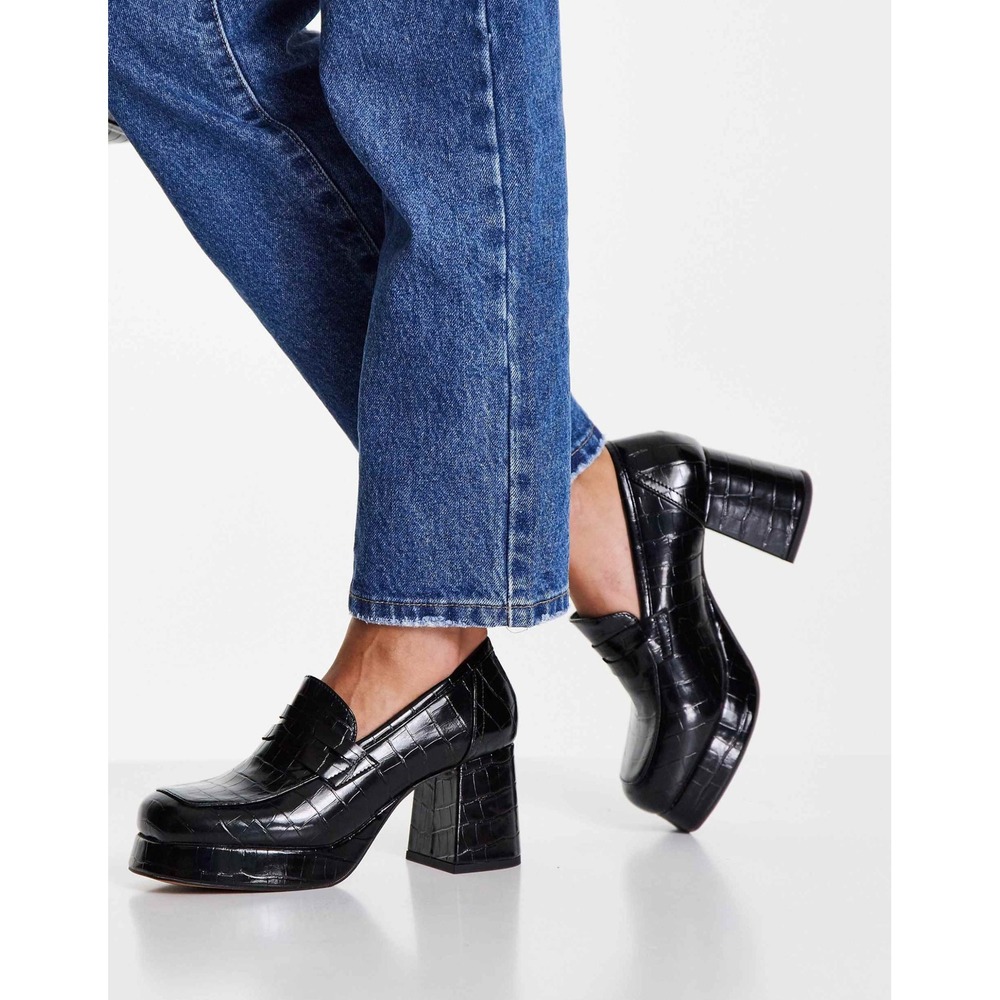 ASOS Design‎ Signature Platform Heeled Loafer Black Croc Size 8